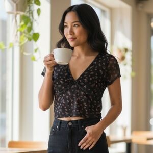 NWT Floral Black Sheer Women's Crop Top Size--Small,Medium,Large